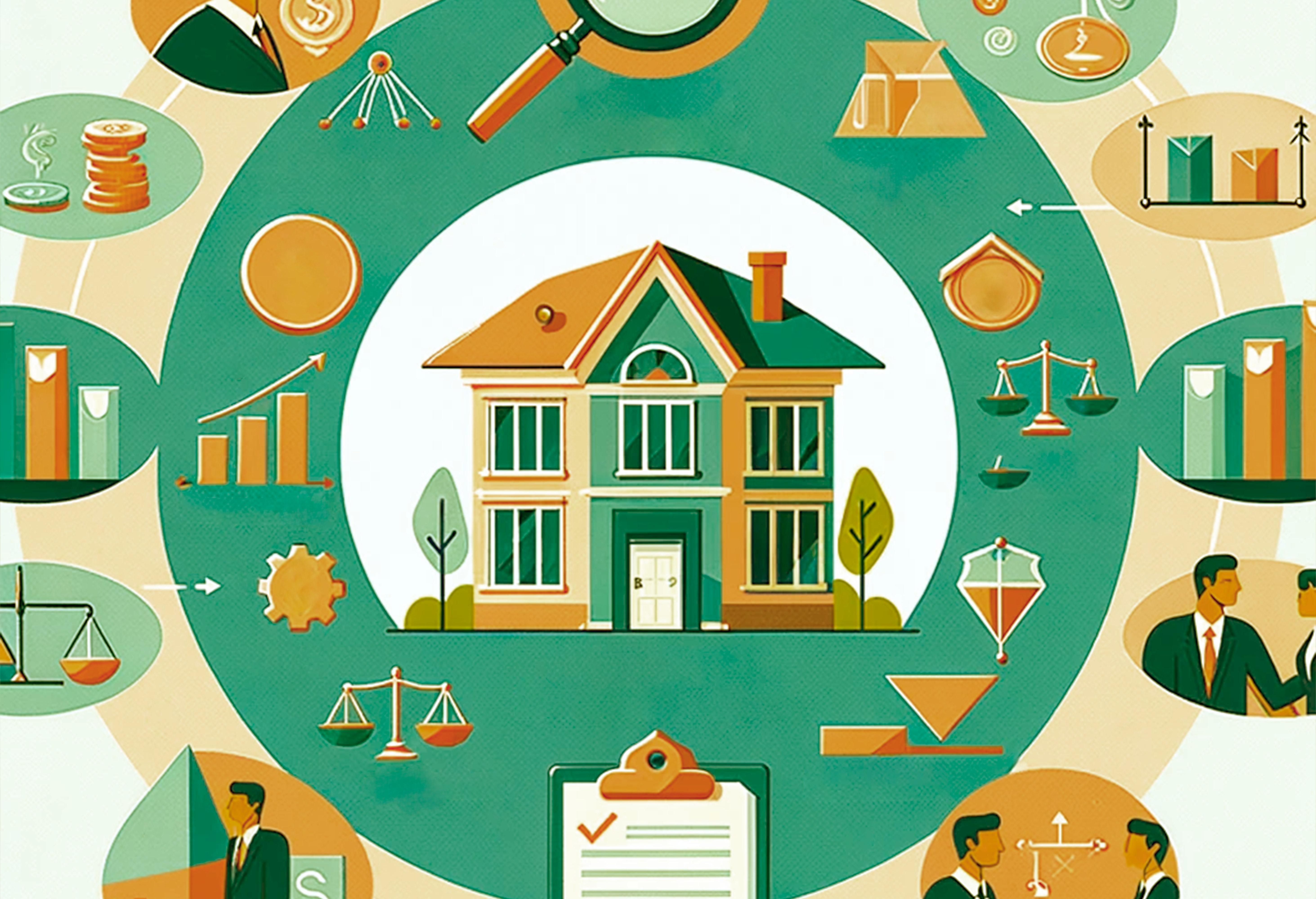 Illustration colorée décrivant le processus de cession d'une entreprise de santé, avec des icônes représentant l'évaluation, l'optimisation, la conformité, la stratégie de marché, la négociation, la diligence raisonnable et le transfert de propriété, encadrant une représentation stylisée d'un bâtiment de santé.