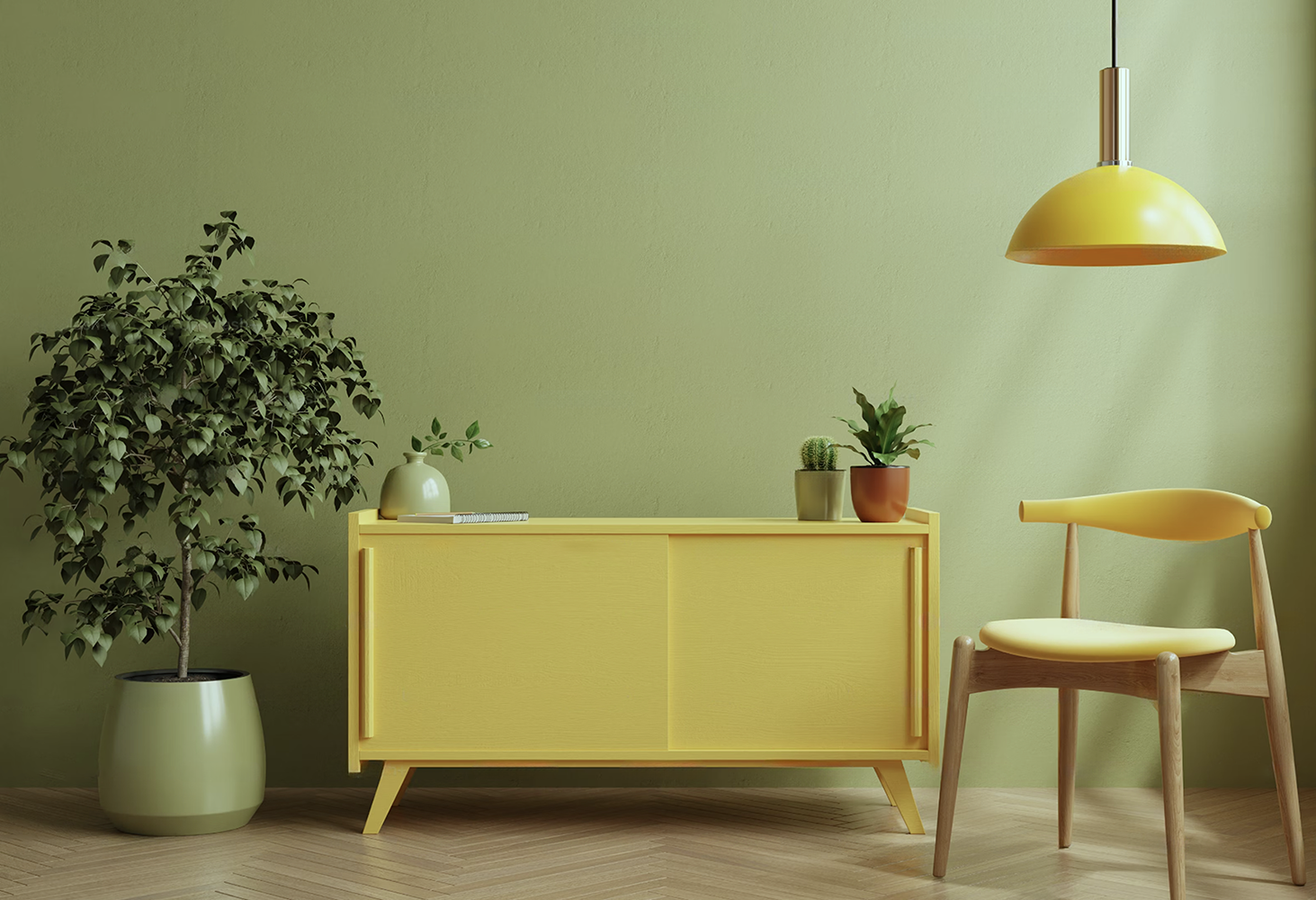 Intérieur minimaliste d'un cabinet médical avec des meubles jaunes, une chaise et des plantes vertes, symbolisant la planification et la nouveauté dans l'ouverture d'un cabinet médical.