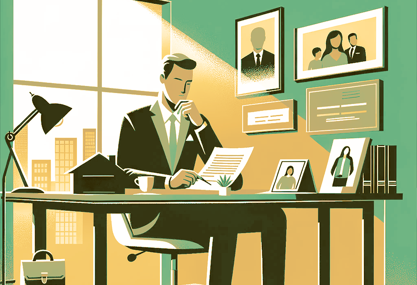 Illustration d'un professionnel de la santé étudiant attentivement un document dans un bureau moderne, entouré de cadres, de livres et d'une plante, décryptant méticuleuse pour la réforme des retraites 2023.